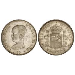 PESETA SYSTEM: ALFONSO XIII - 5 Pesetas. 1890 (*18-90). M.P.-M. Pátina. Gran parte del brillo origin