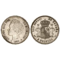 PESETA SYSTEM: ALFONSO XIII - 5 Pesetas. 1893 (*18-93). P.G.-L. (Golpecitos). MBC+. 