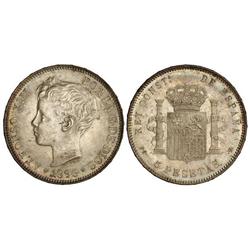 PESETA SYSTEM: ALFONSO XIII - 5 Pesetas. 1896 (*18-96). P.G.-V. Pátina. EBC. 