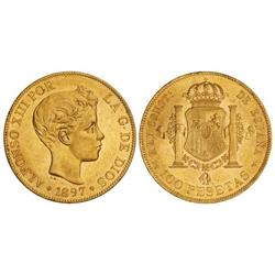 PESETA SYSTEM: ALFONSO XIII - 100 Pesetas. 1897 (*18-97). S.G.-V. Restos de brillo original. (Levísi