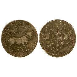 PESETA SYSTEM: LOCAL ISSUES OF THE CIVIL WAR - 1 Peseta. 1936. Ay. de MOGUER. Pb. Ø 32 mm. Algunos a