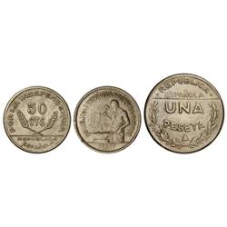 PESETA SYSTEM: LOCAL ISSUES OF THE CIVIL WAR - Lote 3 monedas 50 Céntimos (2) y 1 Peseta. 1937. CONS