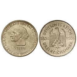 WORLD COINS: GERMANY - 3 Reichsmark. 1931-A. REPÚBLICA DE WEIMAR. AR. Centenario von Stein. KM-73. E