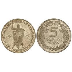 WORLD COINS: GERMANY - 5 Reichsmark. 1925-G. REPÚBLICA DE WEIMAR. AR. Milenario Renania. (Rayita en 