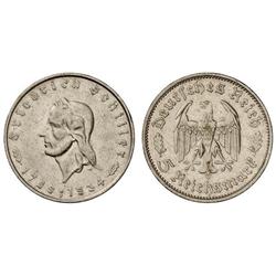 WORLD COINS: GERMANY - 5 Reichsmark. 1934-F. III REICH. AR. 175 aniversario Schiller. (Golpecitos y 