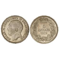 WORLD COINS: SERBIA - 5 Dinara. 1879. PRÍNCIPE MILÁN I. AR. KM-12. MBC/MBC+. 