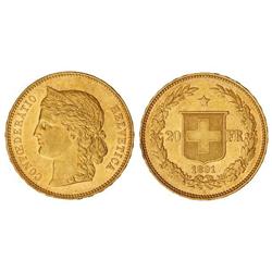 WORLD COINS: SWITZERLAND - 20 Francos. 1891-B. AU. (Leves golpecitos). KM-31.1. EBC/EBC-. 