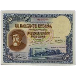 SPANISH BANK NOTES: CIVIL WAR, REPUBLICAN ZONE - 500 Pesetas. 7 Enero 1935. Hernán Cortés. Ed-C16. S