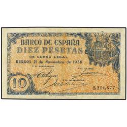 SPANISH BANK NOTES: ESTADO ESPAÑOL - 10 Pesetas. 21 Noviembre 1936. (Restaurado). Ed-D19. MBC. 