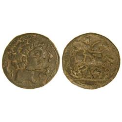 CELTIBERIAN COINS - As. CELSE. Anv.: Cabeza masculina a derecha con fíbula. Rev.: Jinete con palma a
