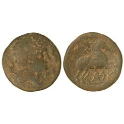 CELTIBERIAN COINS - As. CELSE. Anv.: Cabeza masculina a derecha, alrededor tres delfines. Rev.: Jien