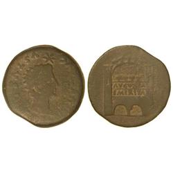 CELTIBERIAN COINS - Dupondio. EMERITA AUGUSTA. Anv.: Cabeza radiada de Augusto a derecha, delante fu