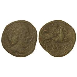 CELTIBERIAN COINS - As. ERCAVICA. Anv.: Cabeza masculina a derecha, detrás arado, delante signos ibé