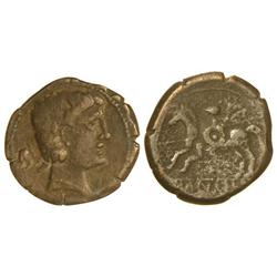 CELTIBERIAN COINS - As. ICALCUSCEN. Anv.: Cabeza masculina a derecha, detrás delfín. Rev.: Jinete co