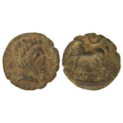 CELTIBERIAN COINS - Semis. ICALCUSCEN. Anv.: Cabeza masculina a derecha, detrás delfín. Rev.: Caball