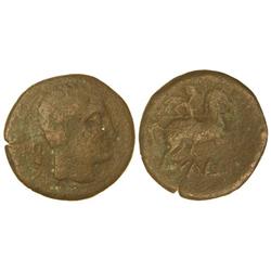 CELTIBERIAN COINS - As. ILDURO. Anv.: Cabeza masculina diademada a derecha, detrás oreja. Rev.: Jine