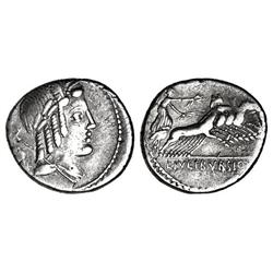 ROMAN COINS: ROMAN REPUBLIC - Denario. 85 a.C. JULIA-5. L. Julius Bursio. Rev.: Cuadriga a derecha. 