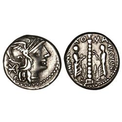 ROMAN COINS: ROMAN REPUBLIC - Denario. 134 a.C. MINUCIA-9. Ti. Minucius Augurinus. Rev.: Columna ent