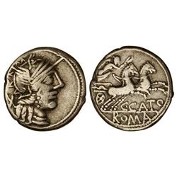 ROMAN COINS: ROMAN REPUBLIC - Denario. 123 a.C. PORCIA-1. C. Porcius Cato. Cal-1196; FFC-1050. MBC-.