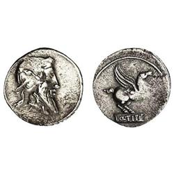 ROMAN COINS: ROMAN REPUBLIC - Denario. 90 a.C. TITIA-1. Q. Titius. Anv.: Cabeza del dios Mutinus Tit
