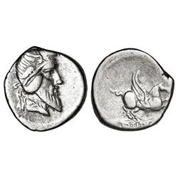 ROMAN COINS: ROMAN REPUBLIC - Denario. 90 a.C. TITIA-1. Q. Titius. Anv.: Cabeza del dios Mutinus Tit