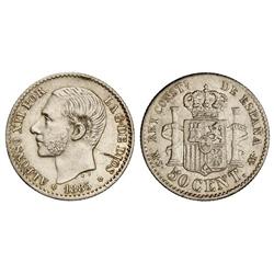 PESETA SYSTEM: ALFONSO XII - 50 Céntimos. 1885 (*8-6). M.S.-M. (Pequeñas rayitas). MBC+. 