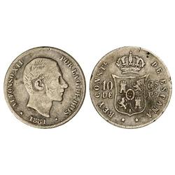 PESETA SYSTEM: ALFONSO XII - 10 Centavos de Peso. 1881. MANILA. MBC-. 