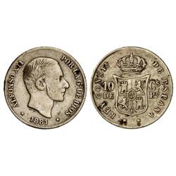 PESETA SYSTEM: ALFONSO XII - 10 Centavos de Peso. 1881. MANILA. MBC-. 