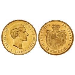 PESETA SYSTEM: ALFONSO XII - 25 Pesetas. 1879 (*18-79). E.M.-M. (Pequeño defecto de acuñación en grá