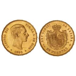 PESETA SYSTEM: ALFONSO XII - 25 Pesetas. 1880 (*18-80). M.S.-M. Brillo original. (Leves hojitas). SC