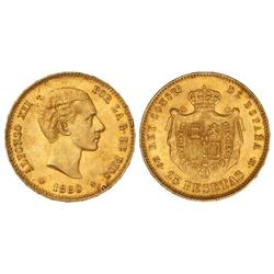 PESETA SYSTEM: ALFONSO XII - 25 Pesetas. 1880 (*18-80). M.S.-M. (Pequeñas rayitas y golpecito en grá
