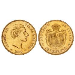 PESETA SYSTEM: ALFONSO XII - 25 Pesetas. 1880 (*18-80). M.S.-M. (Rayias en anverso). EBC. 