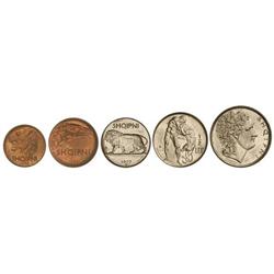 WORLD COINS: ALBANIA - Lote 5 monedas 5, 10 Quind-Leku, 1/4, 1/2 y 1 Leku. 1926-T y 1927. Br, Ni. KM