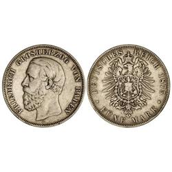WORLD COINS: GERMAN STATES - 5 Marcos. 1875-G. FEDERICO I. BADEN. AR. La A de BADEN sin travesaño en