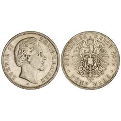 WORLD COINS: GERMAN STATES - 5 Marcos. 1875-D. LUIS II. BAVIERA. AR. (Rayas). KM-896. MBC/MBC-. 