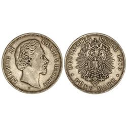 WORLD COINS: GERMAN STATES - 5 Marcos. 1876-D. LUIS II. BAVIERA. AR. KM-896. MBC+. 