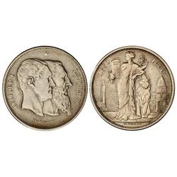 WORLD COINS: BELGIUM - (5 Francos). Medalla. 1880. Anv.: Leopoldo I y Leopoldo II. Rev.: Alegoría Co