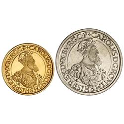 WORLD COINS: BELGIUM - Lote 2 monedas 5 y 50 Ecu. 1987. AR y AU. Carlos V. KM-166/7. SC. 