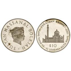 WORLD COINS: BRUNEI - 10 Dólares. 1977. AR. X aniversario Consejo Monetario de Brunei. En estuche or