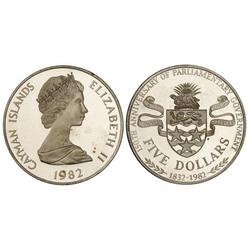 WORLD COINS: CAYMAN ISLANDS - 5 Dólares. 1982-FM. AR. 150 aniversario Gobierno Parlamentario. Tirada
