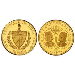 WORLD COINS: CUBA - 50 Pesos. 1991. AU. Hermanos Pinzón. Tirada: 200 piezas. KM-446. PROOF. 
