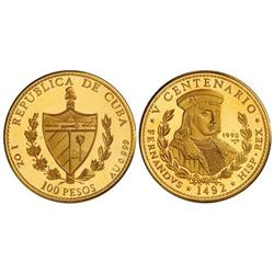 WORLD COINS: CUBA - 100 Pesos. 1990. AU. Fernando ´El Católico´. Tirada: 250 piezas. KM-303. PROOF. 
