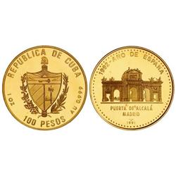 WORLD COINS: CUBA - 100 Pesos. 1991. AU. Puerta de Alcalá. Tirada: 225 piezas. KM-535. PROOF. 