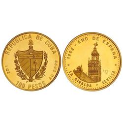 WORLD COINS: CUBA - 100 Pesos. 1991. AU. Giralda de Sevilla. Tirada: entre 100 y 250 piezas. KM-No c