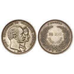WORLD COINS: DENMARK - 2 Coronas. 1892. AR. Bodas de oro de Christian IX y Luisa. (Rayitas). KM-800.