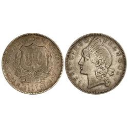 WORLD COINS: DOMINICAN REPUBLIC - 5 Francos. 1891-A. AR. Pátina. KM-12. MBC+. 