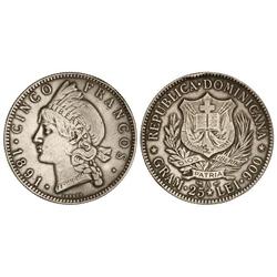 WORLD COINS: DOMINICAN REPUBLIC - 5 Francos. 1891-A. AR. KM-12. MBC-. 