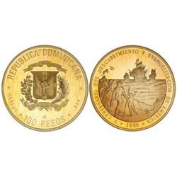 WORLD COINS: DOMINICAN REPUBLIC - 100 Pesos. 1988. AR. V Centenario Descubrimiento y Evangelización 