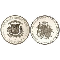 WORLD COINS: DOMINICAN REPUBLIC - 100 Pesos. 1989. AR. V Centenario Descubrimiento y Evangelización 