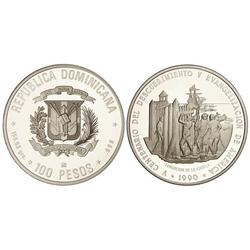 WORLD COINS: DOMINICAN REPUBLIC - 100 Pesos. 1990. AR. 500 aniversario Descubrimiento y Evangelizaci